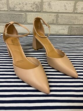 ALDO Jan Pump Beige Leather Pointed Ankle-Strap Block Heels 11